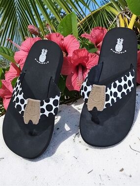 Pineapple Brand Ladies Black Flip Flops with Polka Dot Straps